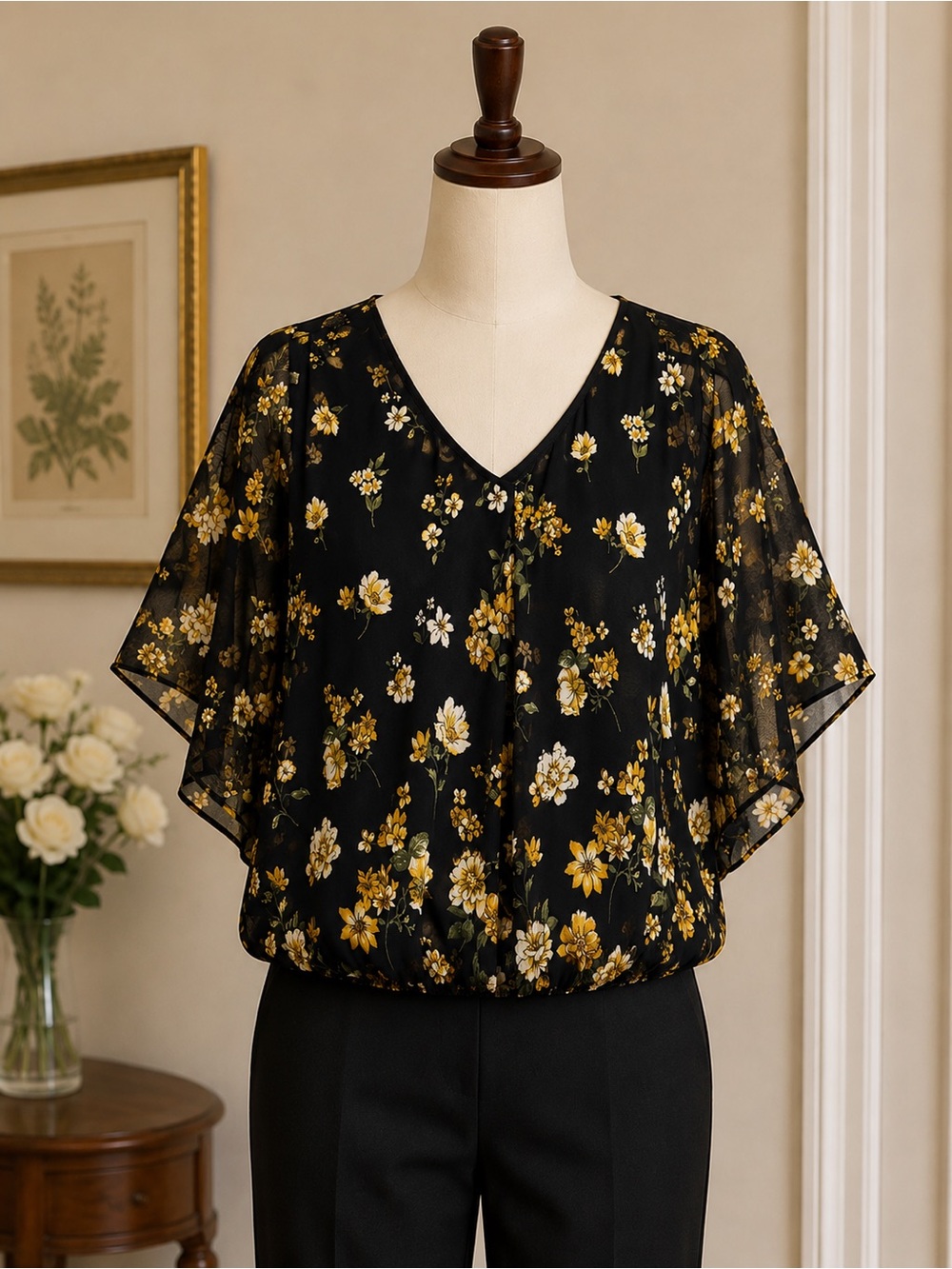 Women’s Sara Michelle Black Blouse with Yellow & White Flowers Size XL